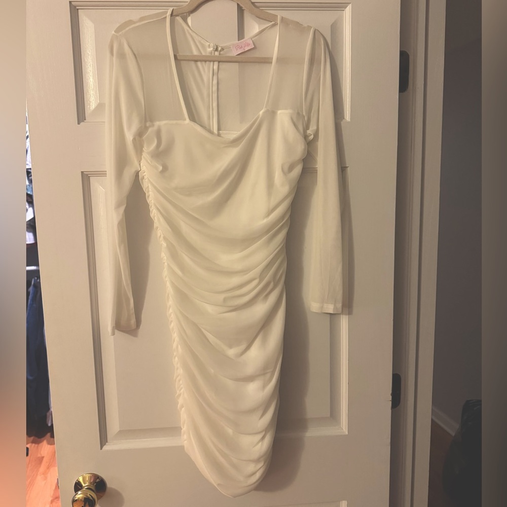 Pink Lily white bodycon dress with mesh long sleeves